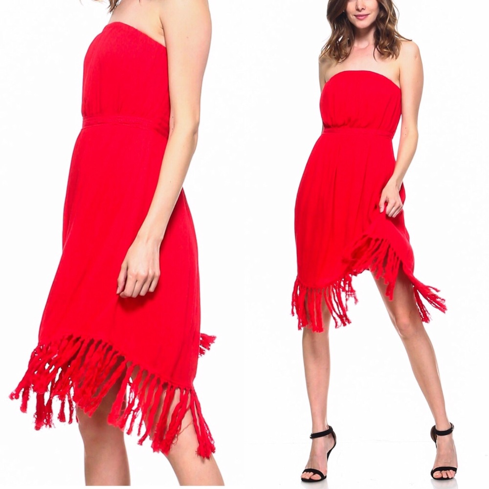RED STRAPLESS TASSEL DRESS - Picture 3 of 4